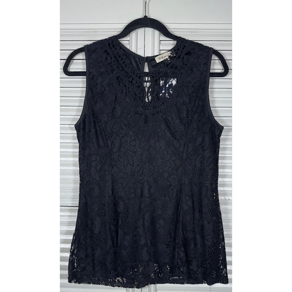 Daily Special Black Lace Blouse Sleeveless Crochet Beaded Neck XL Goth
